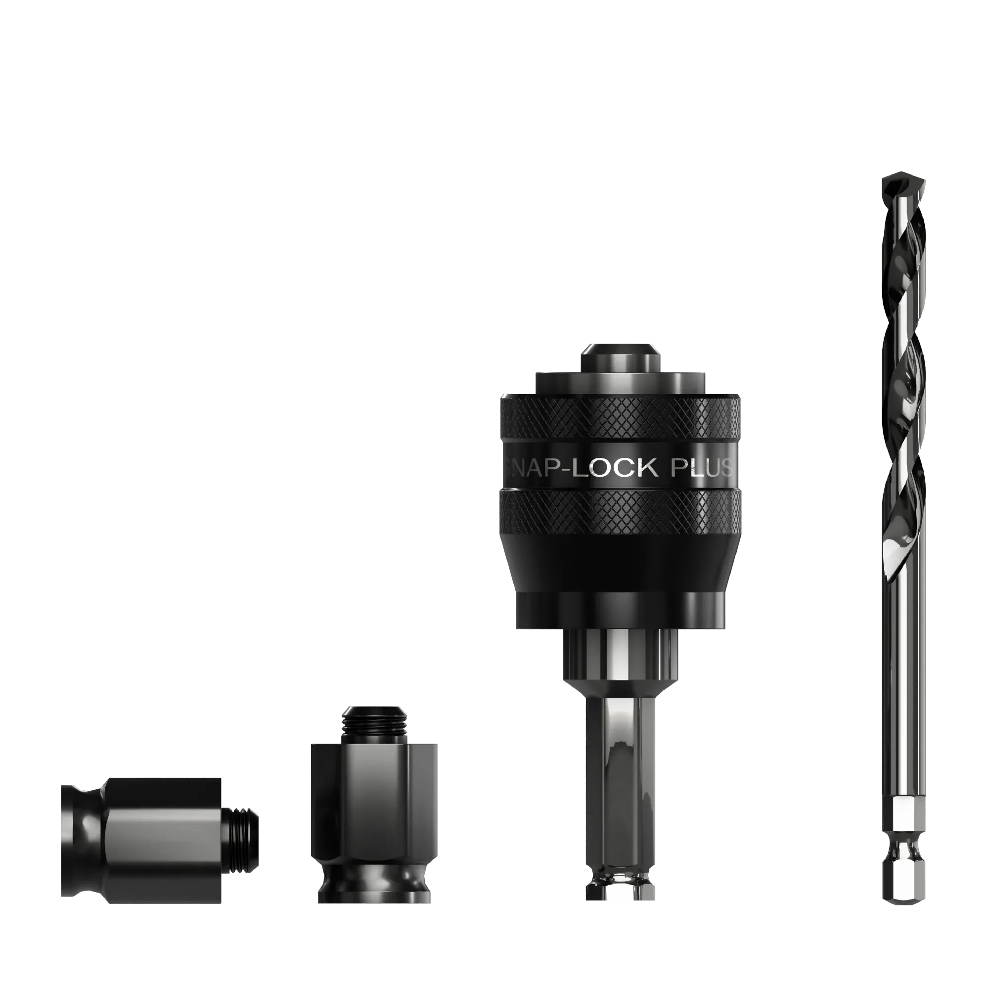 Studio shot of the kit contents showing the black Snap-Lock Plus mandrel, a long silver pilot bit, and two black threaded adapter nuts.
