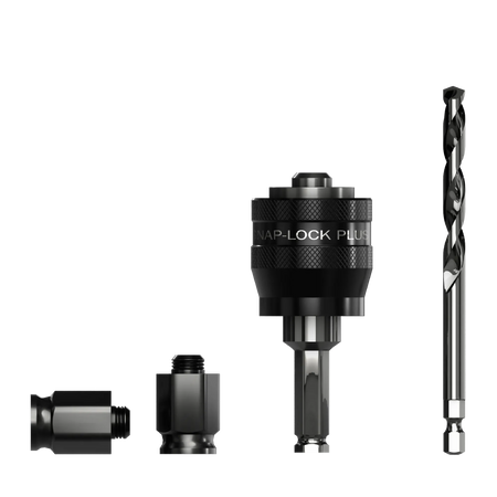 Studio shot of the kit contents showing the black Snap-Lock Plus mandrel, a long silver pilot bit, and two black threaded adapter nuts.