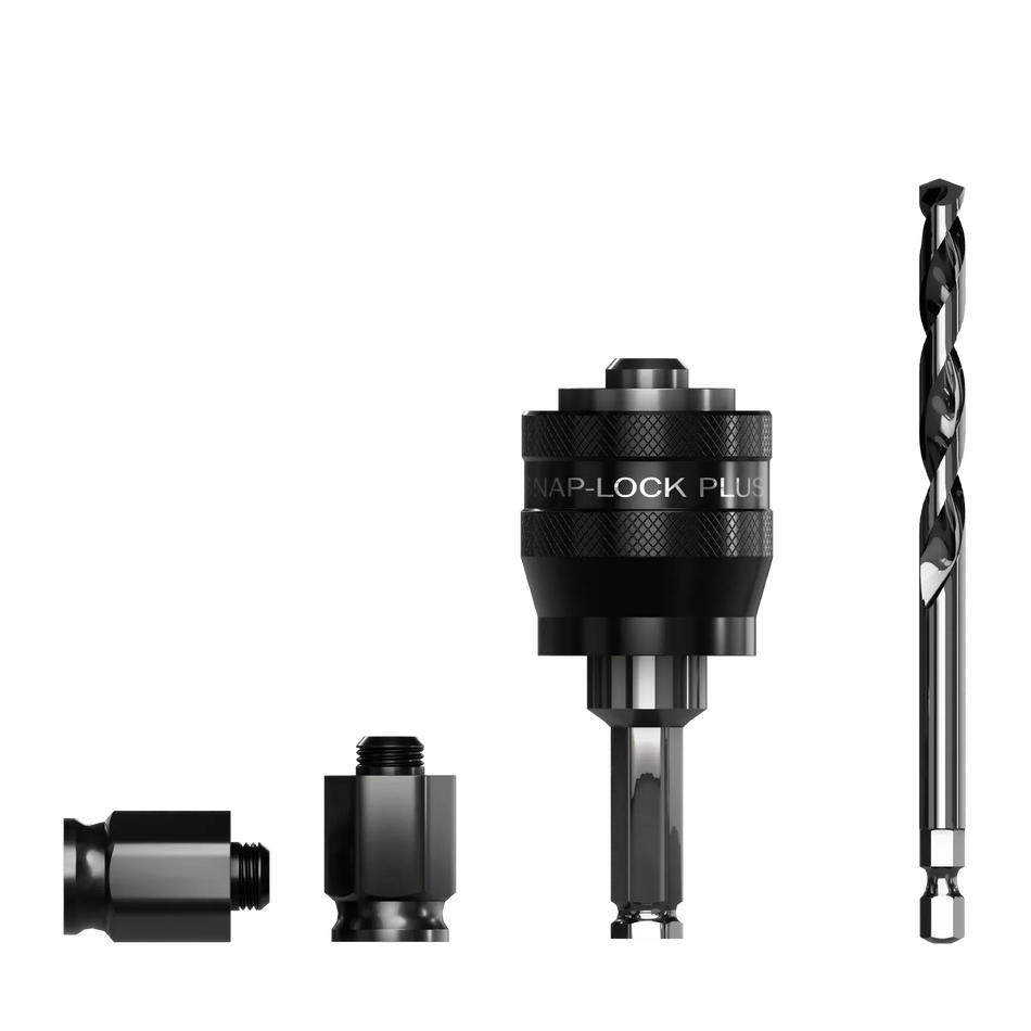 Studio shot of the kit contents showing the black Snap-Lock Plus mandrel, a long silver pilot bit, and two black threaded adapter nuts.