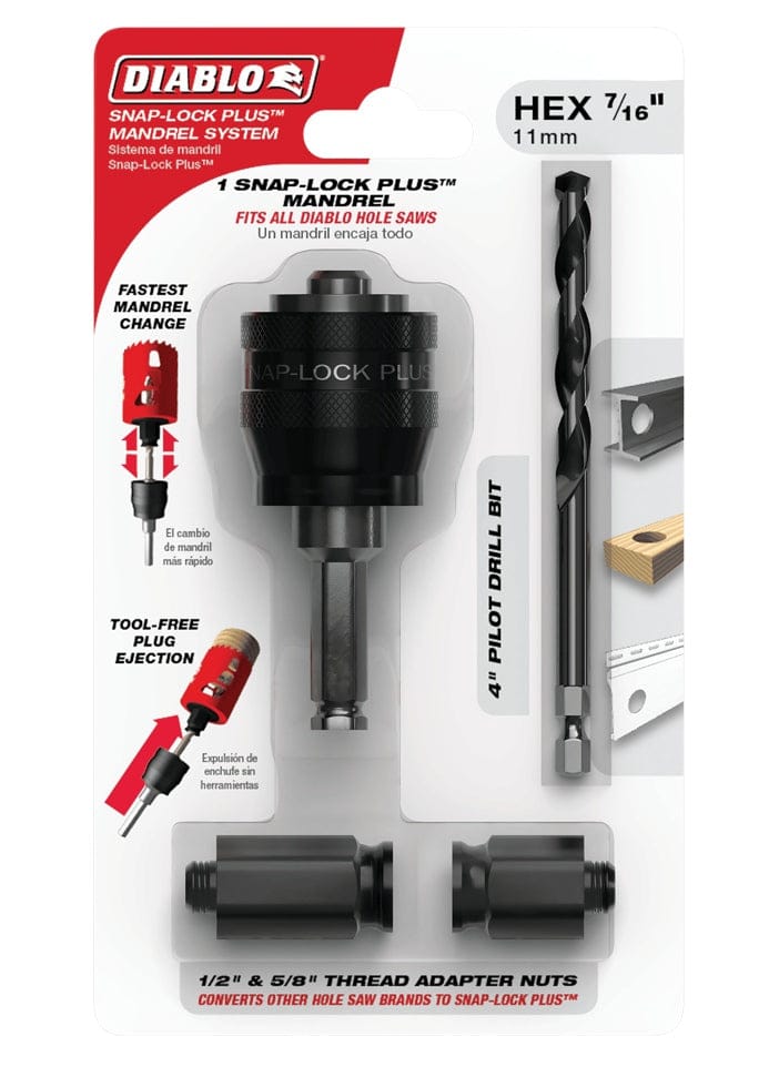 Blister pack retail packaging containing the Diablo Snap-Lock Plus Mandrel System, including the mandrel, pilot bit, and adapter nuts, with 7/16 inch hex shank specifications.