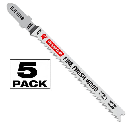 A close-up view of a single Diablo DJT101B5 4-inch 10 TPI T-shank jig saw blade featuring high carbon steel construction and a precision tooth design for fine finish wood cutting.