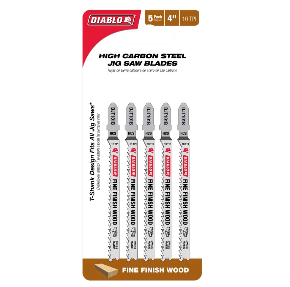 The retail packaging for a 5-pack of Diablo DJT101B5 4-inch 10 TPI high carbon steel jig saw blades, highlighting the T-shank design and its specific use for fine finish wood applications.