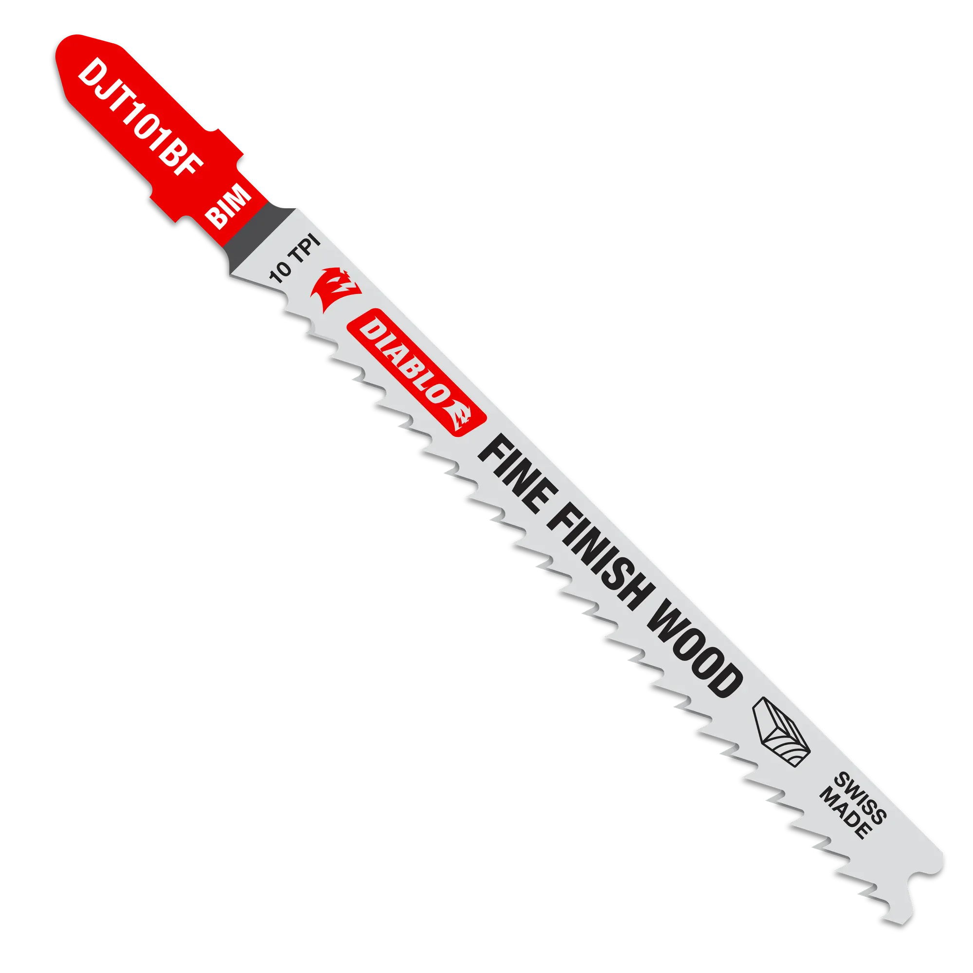 A studio graphic of a single Diablo DJT101BF 4-inch bi-metal jig saw blade, showcasing the red T-shank mounting tang, the white blade body printed with 10 TPI and Fine Finish Wood text, and sharp reverse cutting teeth against a solid white background.