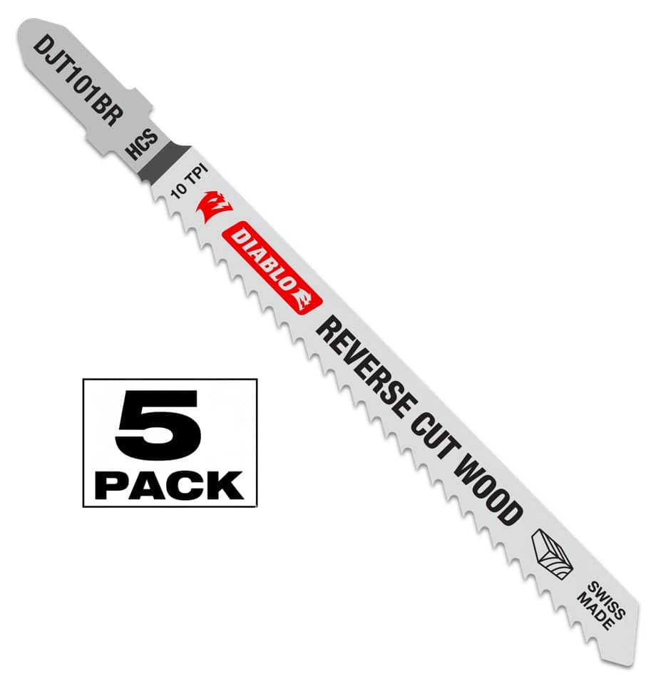 A close-up view of a single Diablo DJT101BRF5 4-inch 10 TPI T-shank jig saw blade featuring high carbon steel construction and a reverse-tooth design for clean top finishes in wood.