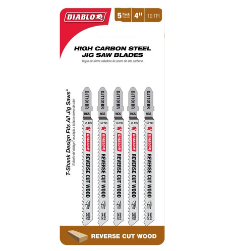The retail packaging for a 5-pack of Diablo DJT101BRF5 4-inch 10 TPI high carbon steel jig saw blades, highlighting the T-shank design and its specific use for reverse cuts in wood.