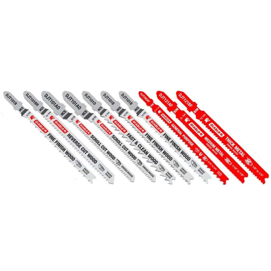A complete 10-piece collection of Diablo T-shank jig saw blades organized by application, featuring specialized grey high carbon steel blades for fine finish and scroll cutting in wood, and red bi-metal blades for general purpose, medium metal, and thick metal cutting.