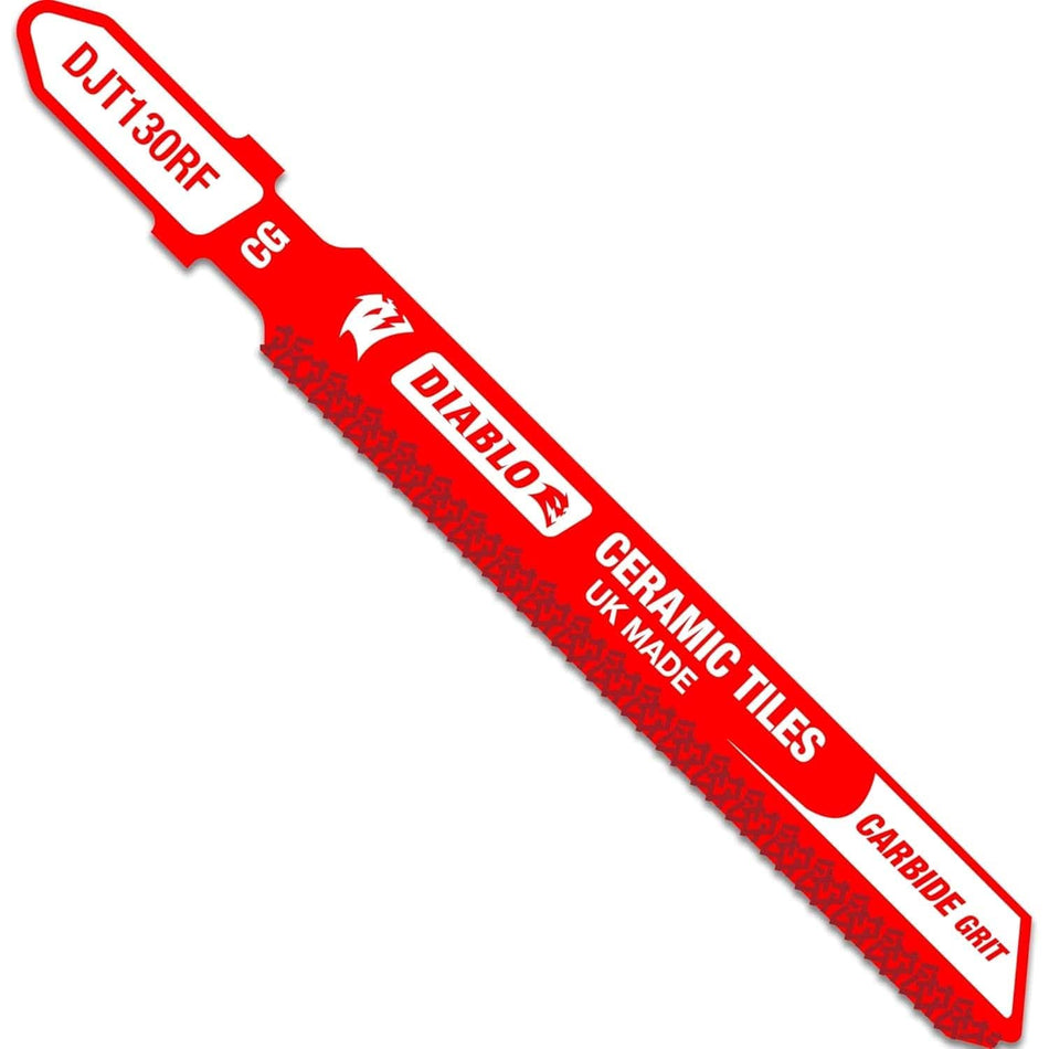Diablo DJT130RF 3-1/4 inch carbide grit T-shank jig saw blade featuring a red non-stick Perma-SHIELD coating and specialized carbide grit edge for cutting ceramic tile and glass.