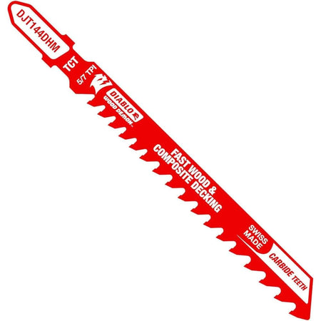 A single red Diablo 4-inch carbide teeth jig saw blade shown at an angle, highlighting the T-shank design and aggressive 5/7 variable tooth geometry.