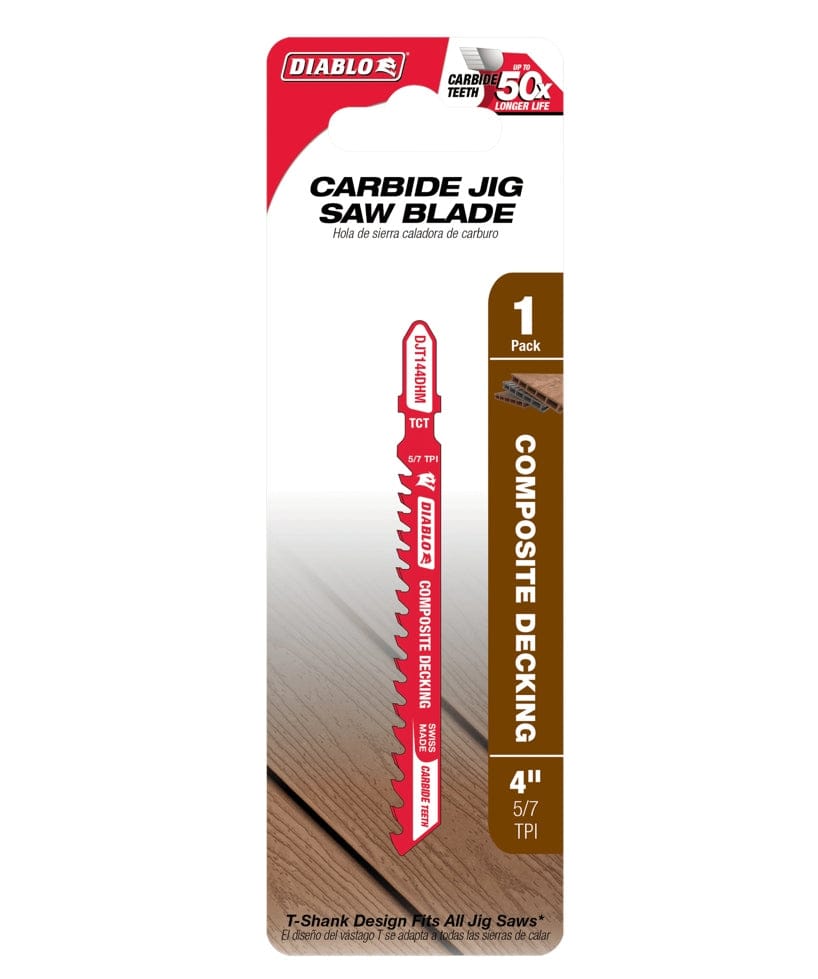 Retail hanging card packaging for a single Diablo 4-inch carbide jig saw blade, featuring callouts for composite decking applications and 50 times longer life.