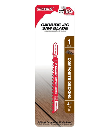 Retail hanging card packaging for a single Diablo 4-inch carbide jig saw blade, featuring callouts for composite decking applications and 50 times longer life.