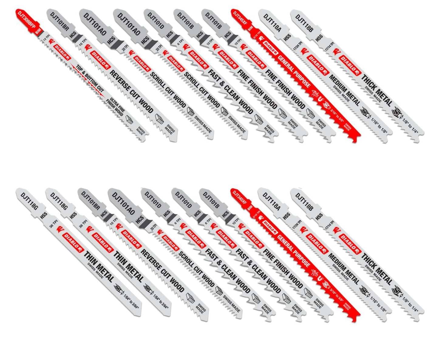 A comprehensive 20-piece assortment of Diablo T-shank jig saw blades for wood and metal, featuring bi-metal, high carbon steel, and high speed steel blades for various professional cutting applications.