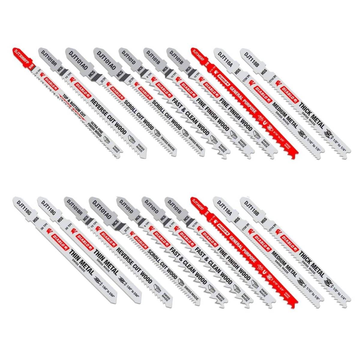 A comprehensive 20-piece assortment of Diablo T-shank jig saw blades for wood and metal, featuring bi-metal, high carbon steel, and high speed steel blades for various professional cutting applications.