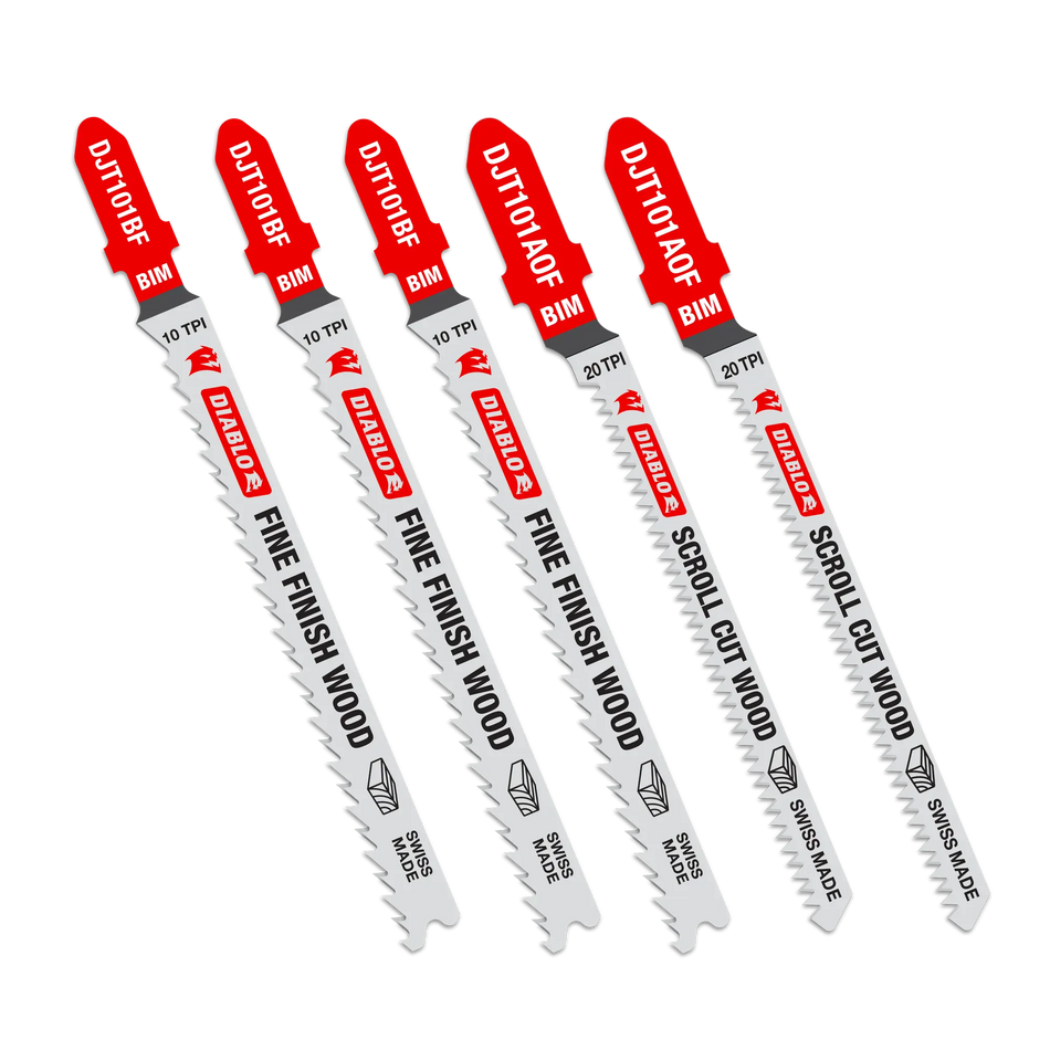 Diablo DJT505 5-piece bi-metal T-shank jig saw blade set featuring specialized blades for fine finish and scroll cutting in laminated wood materials.