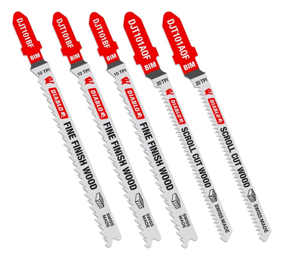 Diablo DJT505 5-piece bi-metal T-shank jig saw blade set featuring specialized blades for fine finish and scroll cutting in laminated wood materials.