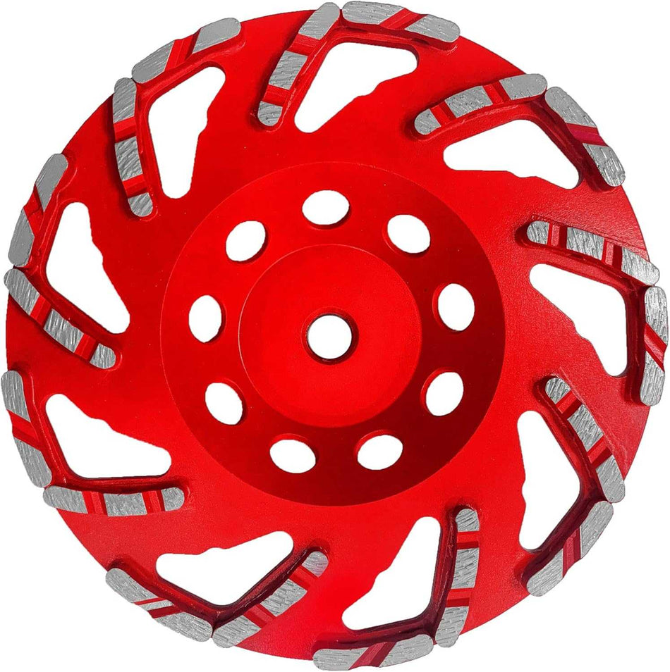 A top-down studio shot of the red Diablo DMACW0700 7-inch diamond rim cup wheel, featuring L-shaped diamond segments arranged in a spiral pattern with wide cooling and dust extraction slots.