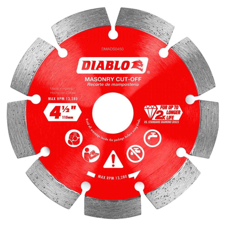 A studio product shot of the Diablo DMADS0450 4-1/2 inch diamond masonry cut-off blade, featuring a vibrant red body with white branding and a segmented rim designed for high-performance cutting in hard materials.