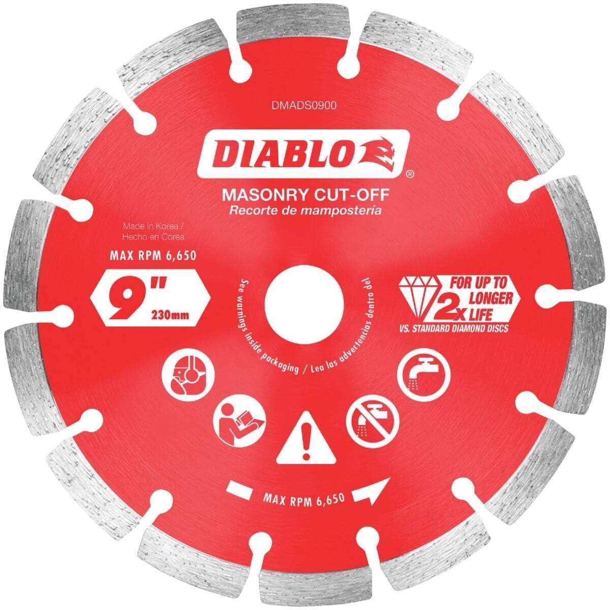 A top-down view of the Diablo DMADS0900 9-inch segmented diamond masonry cut-off blade featuring a red steel core with industrial diamond segments designed for 2X longer life when cutting concrete, rebar, brick, and block.