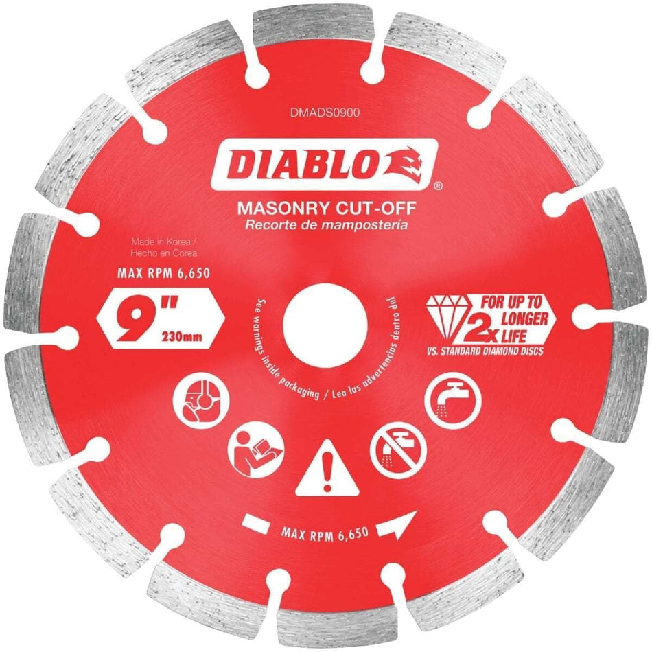 A top-down view of the Diablo DMADS0900 9-inch segmented diamond masonry cut-off blade featuring a red steel core with industrial diamond segments designed for 2X longer life when cutting concrete, rebar, brick, and block.