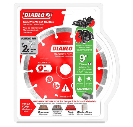 Retail packaging for the Diablo DMADS0900 9-inch segmented diamond blade, highlighting its compatibility with 7/8 inch and 5/8 inch arbors for use with cut-off and gas saws in wet or dry masonry applications.