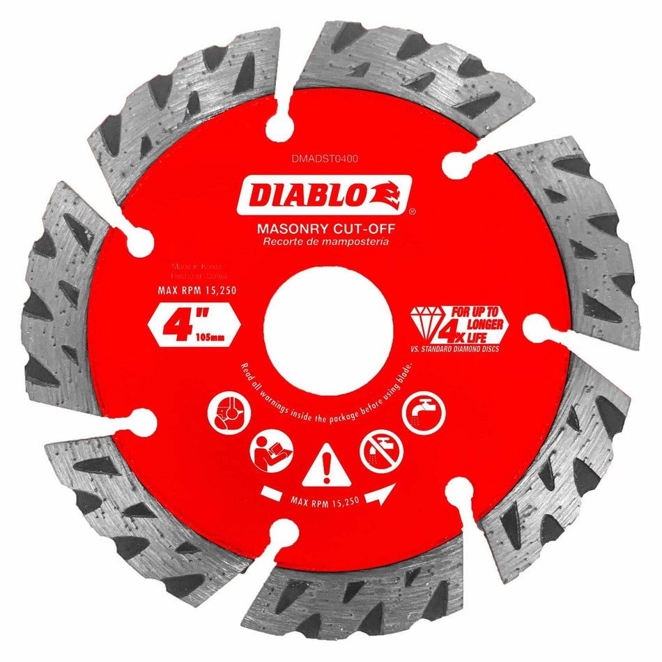 Red circular saw blade with gray teeth on a white background, branded 'Diablo'.