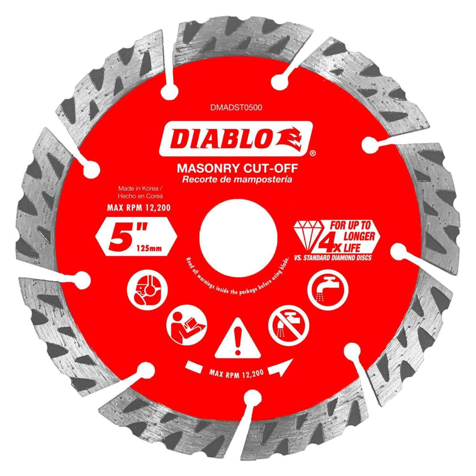 A studio product shot of the Diablo DMADST0500 5-inch diamond masonry cut-off blade, featuring a vibrant red body with white branding and a segmented turbo rim designed for high-speed cutting in hard materials.