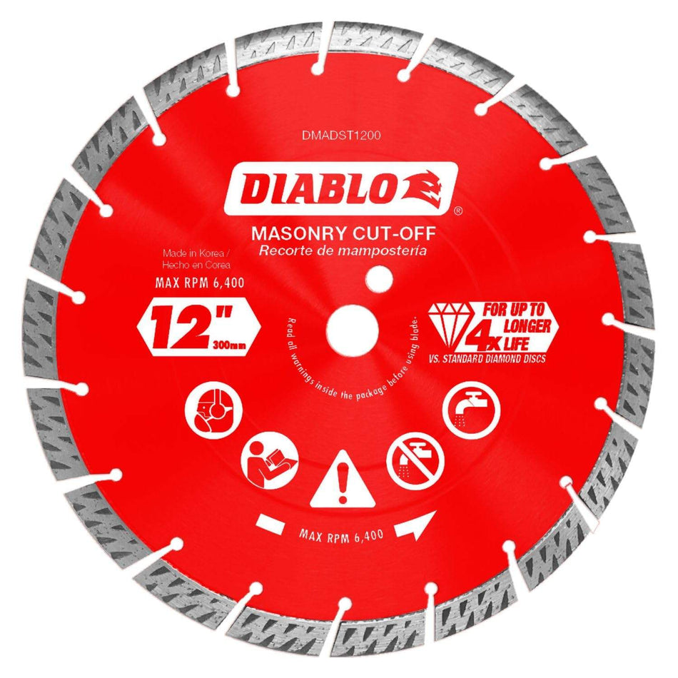 A studio product shot of the red Diablo DMADST1200 12-inch diamond masonry cut-off blade, featuring a segmented turbo rim, speed-edge slots, and a 6,400 maximum RPM rating.