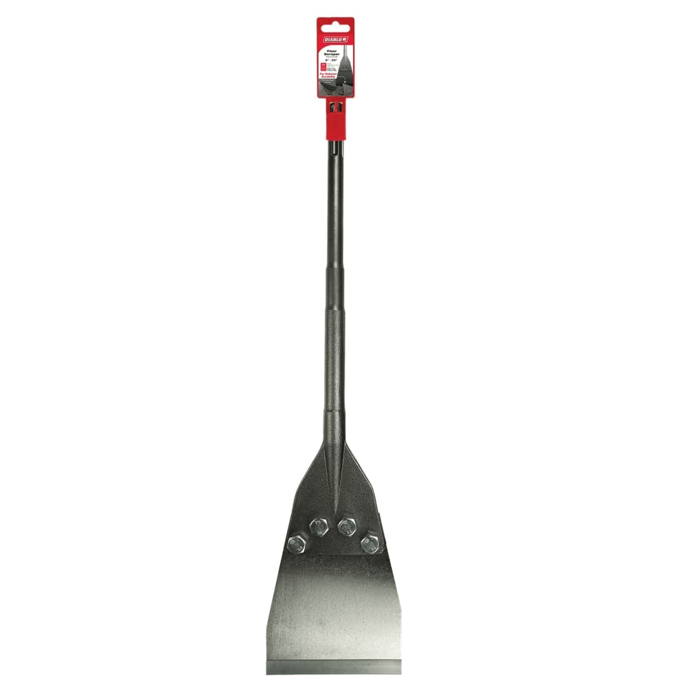 Full-length front view of the Diablo DMAMXCH1200 heavy-duty 6-inch by 25-inch SDS-Max flat chisel floor scraper, featuring a long heat-treated steel shaft and a replaceable 6-inch wide silver blade secured by heavy-duty bolts for fast linoleum, carpet, and laminate removal.