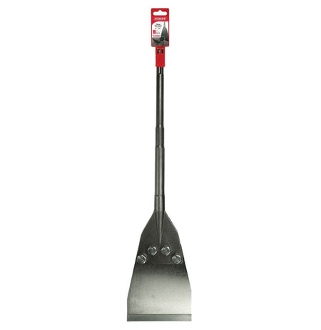 Full-length front view of the Diablo DMAMXCH1200 heavy-duty 6-inch by 25-inch SDS-Max flat chisel floor scraper, featuring a long heat-treated steel shaft and a replaceable 6-inch wide silver blade secured by heavy-duty bolts for fast linoleum, carpet, and laminate removal.