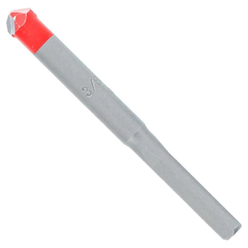 A high-resolution product shot of the silver Diablo 3/8-inch tile and stone drill bit featuring a red carbide-tipped head and a 3-flat shank.