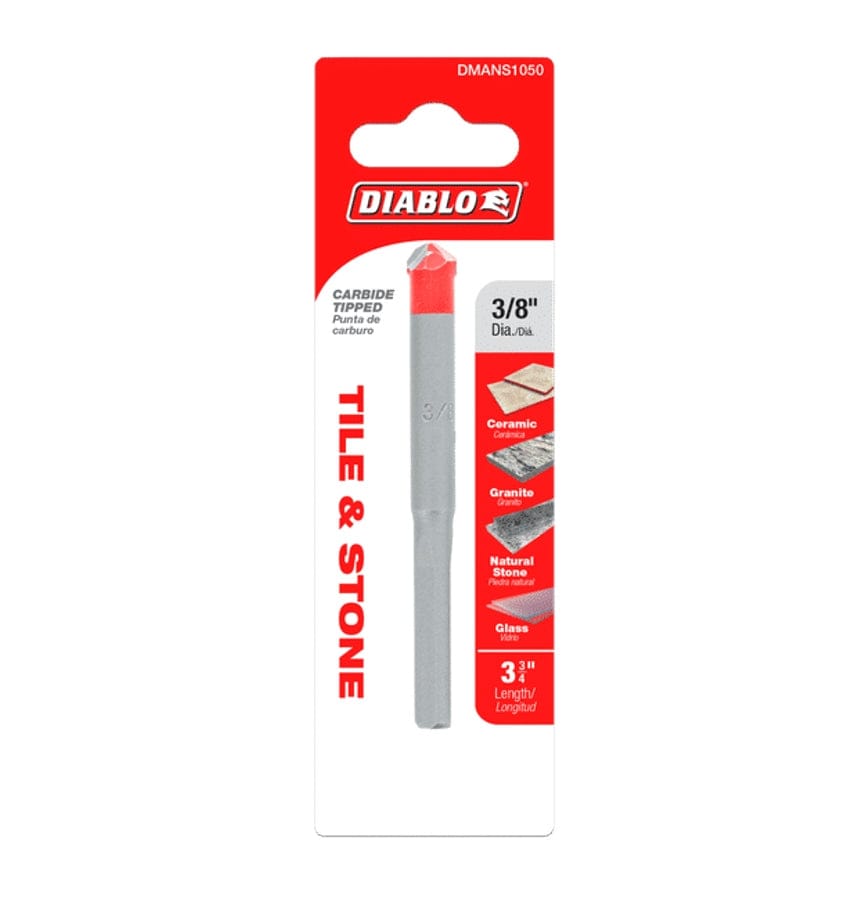 Retail hanging card packaging for the Diablo DMANS1050 3/8-inch carbide-tipped bit, highlighting its 3-3/4 inch length and application for ceramic, granite, stone, and glass.