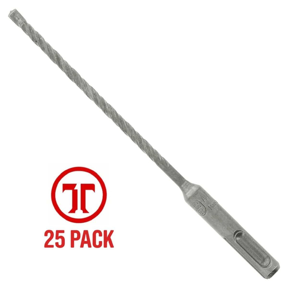 Diablo 3/16 inch x 6 inch SDS-Plus 2-cutter carbide-tipped hammer drill bit from a 25-pack bulk contractor kit, showing a silver steel percussion accessory with a four-flute core design, an integrated SDS-Plus shank base featuring an etched ANSI compliance mark, and a dual cutter carbide tip, featured next to a red circular brand logo graphic specifying 25 Pack in bold text isolated on a white background.