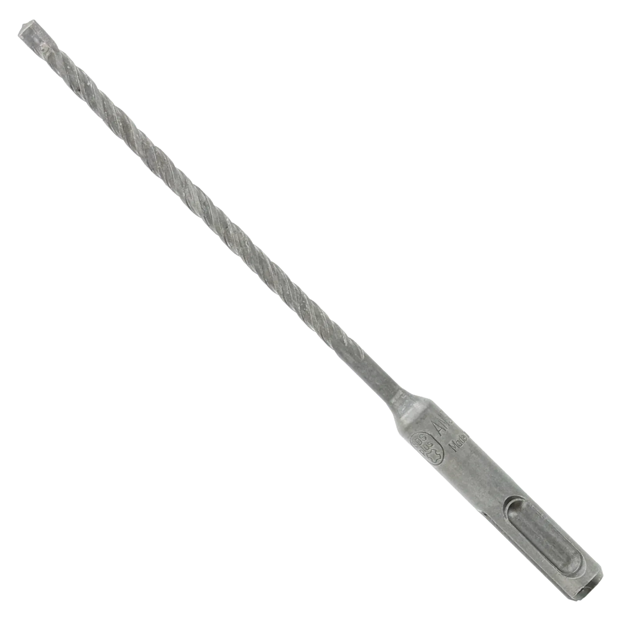 Diablo SDS-Plus rotary hammer masonry drill bit profile view displaying the complete percussion accessory design from the bulk concrete boring kit, featuring an optimized four-flute spiral core engineered for rapid dust extraction, a robust transition collar with etched specifications, and a precision anchor boring carbide tipped head isolated diagonally on a white background.