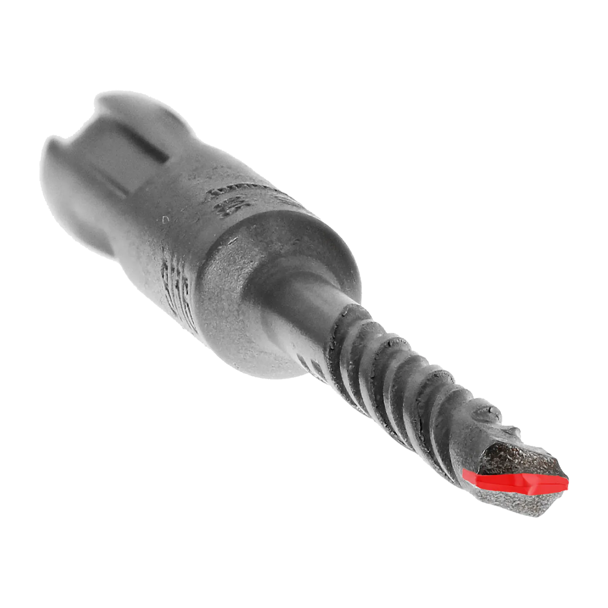 Diablo SDS-Plus rotary hammer concrete drill bit close up perspective view emphasizing the core flute geometry, highlighting the high velocity spiral flutes tracking up to a durable 2-cutter carbide tipped masonry head detailed with a red color overlay to show precision point anchoring and thermal friction reduction isolated on a white background.