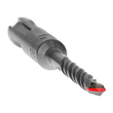 Diablo SDS-Plus rotary hammer concrete drill bit close up perspective view emphasizing the core flute geometry, highlighting the high velocity spiral flutes tracking up to a durable 2-cutter carbide tipped masonry head detailed with a red color overlay to show precision point anchoring and thermal friction reduction isolated on a white background.