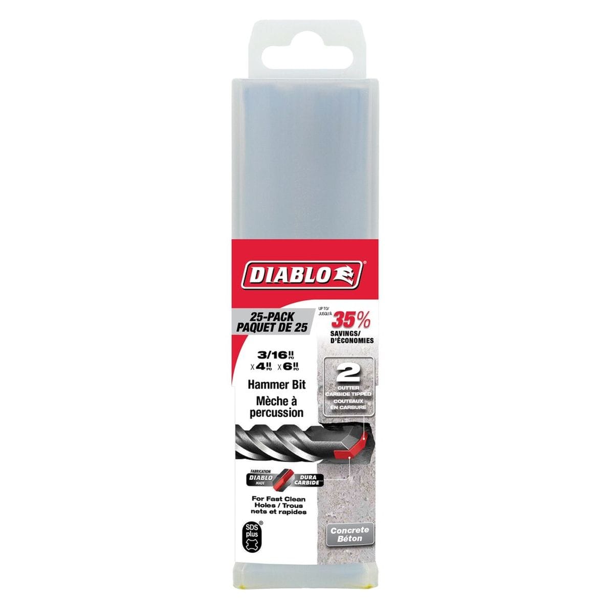 Diablo 25-pack contractor bulk packaging display for a 3/16 inch by 4 inch by 6 inch SDS-Plus hammer bit set, highlighting a retail hanging case layout with red brand banner graphics, clear text callouts for a 2-cutter carbide tipped design offering 35 percent savings, and technical diagrams illustrating fast clean concrete anchor hole drilling applications.