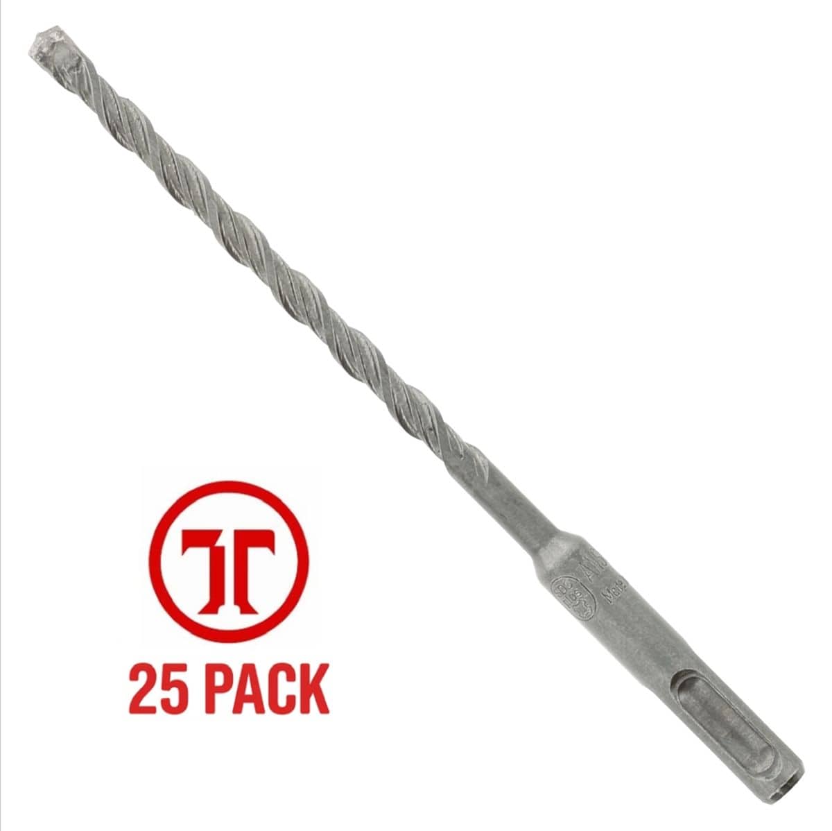 Diablo 1/4 inch x 6 inch SDS-Plus 2-cutter carbide-tipped hammer drill bit from a 25-pack bulk contractor kit, showing a silver steel percussion accessory with a four-flute core design, an integrated SDS-Plus shank base, and a dual cutter carbide tip, featured next to a red circular brand logo graphic specifying 25 Pack in bold text isolated on a white background.