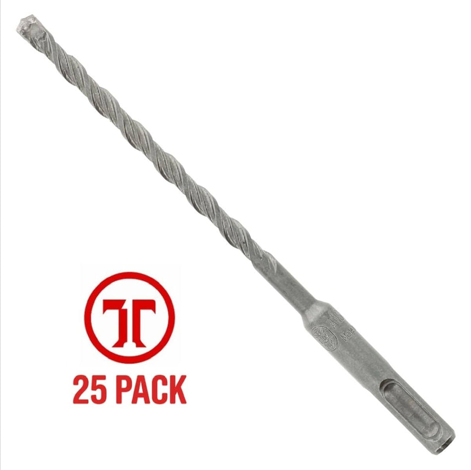 Diablo 1/4 inch x 6 inch SDS-Plus 2-cutter carbide-tipped hammer drill bit from a 25-pack bulk contractor kit, showing a silver steel percussion accessory with a four-flute core design, an integrated SDS-Plus shank base, and a dual cutter carbide tip, featured next to a red circular brand logo graphic specifying 25 Pack in bold text isolated on a white background.