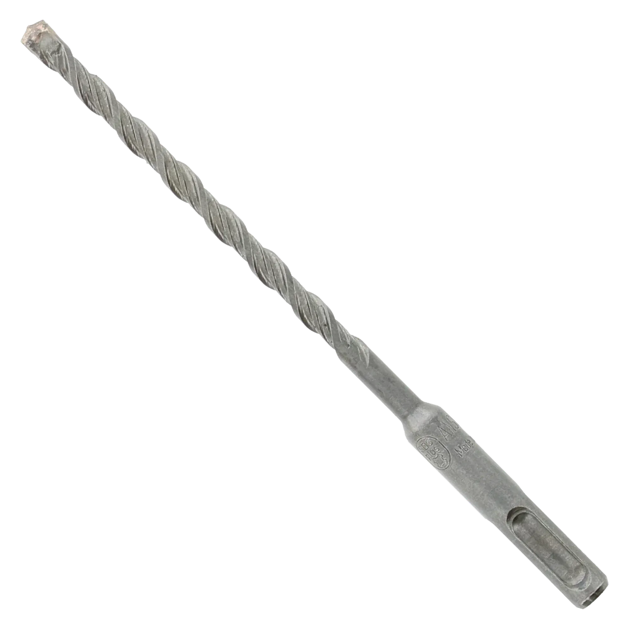 Diablo SDS-Plus rotary hammer masonry drill bit profile view displaying the complete percussion accessory design from the bulk concrete boring kit, featuring an optimized four-flute spiral core engineered for rapid dust extraction, a robust transition collar with etched specifications, and a precision anchor boring carbide tipped head isolated diagonally on a white background.