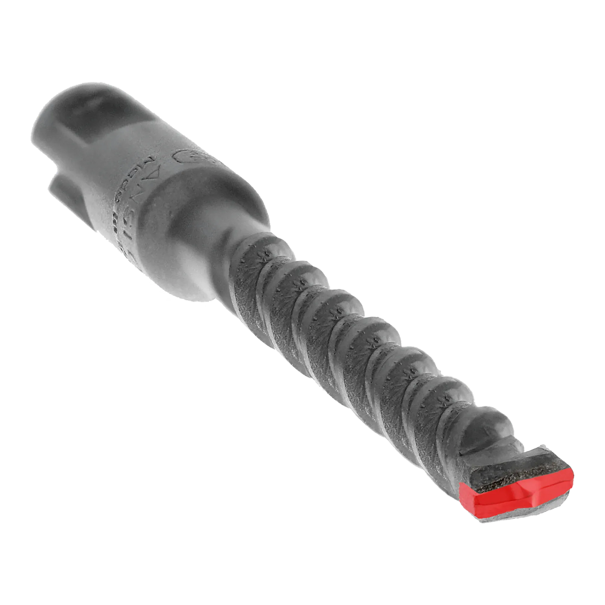 Diablo SDS-Plus rotary hammer concrete drill bit close up perspective view emphasizing the core flute geometry, highlighting the high velocity spiral flutes tracking up to a durable 2-cutter carbide tipped masonry head detailed with a red color overlay to show precision point anchoring and thermal friction reduction isolated on a white background.
