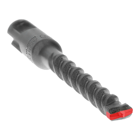 Diablo SDS-Plus rotary hammer concrete drill bit close up perspective view emphasizing the core flute geometry, highlighting the high velocity spiral flutes tracking up to a durable 2-cutter carbide tipped masonry head detailed with a red color overlay to show precision point anchoring and thermal friction reduction isolated on a white background.