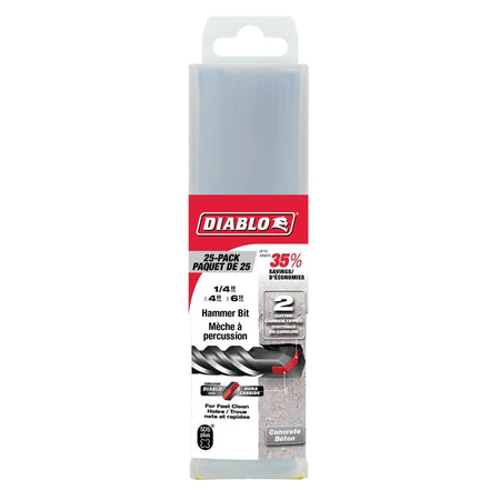 Diablo 25-pack contractor bulk packaging display for a 1/4 inch by 4 inch by 6 inch SDS-Plus hammer bit set, highlighting a retail hanging case layout with red brand banner graphics, clear text callouts for a 2-cutter carbide tipped design offering 35 percent savings, and technical diagrams illustrating fast clean concrete anchor hole drilling applications.