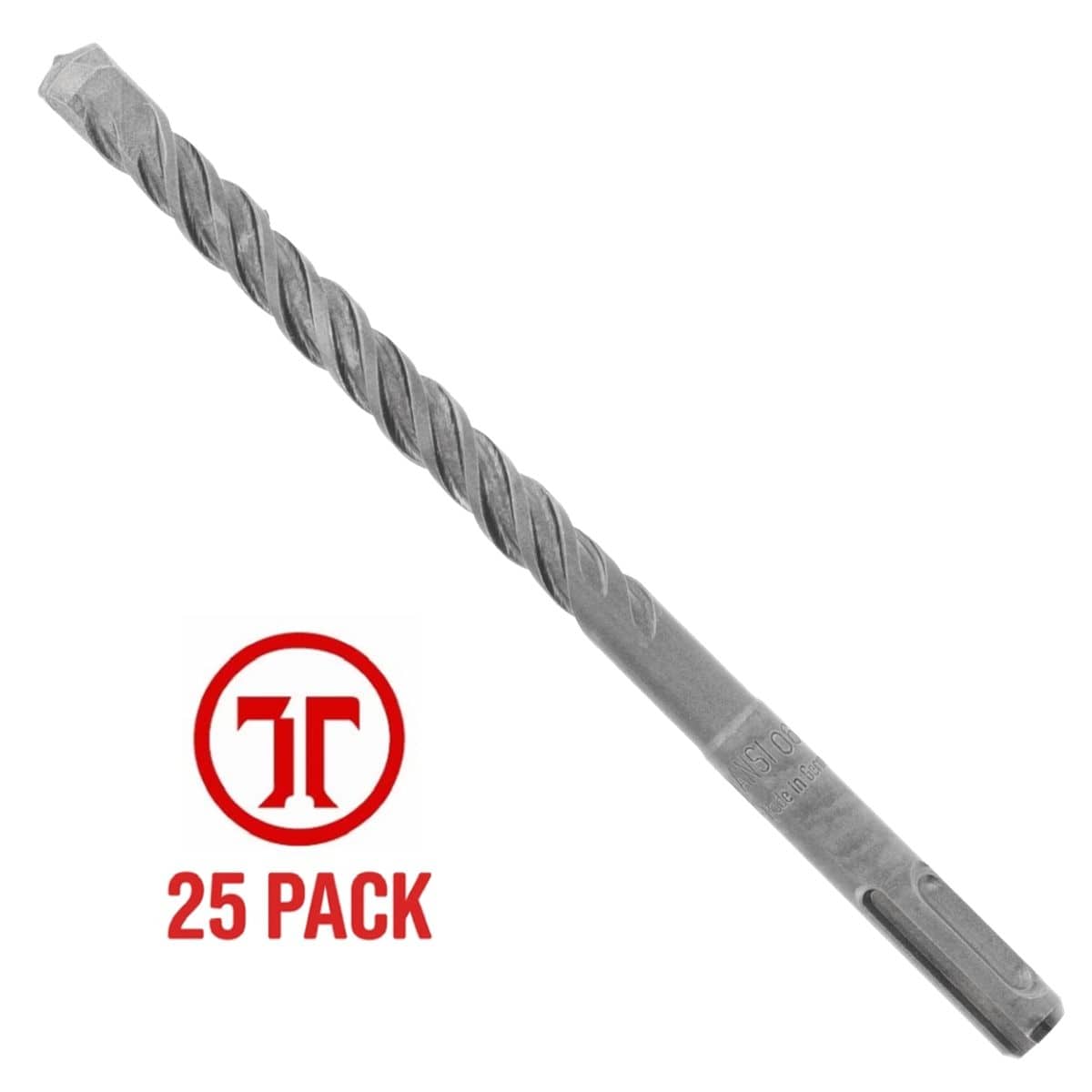 Diablo 3/8 inch x 6 inch SDS-Plus 2-cutter carbide-tipped hammer drill bit from a 25-pack bulk contractor kit, showing a silver steel percussion accessory with a four-flute core design, an integrated SDS-Plus shank base featuring an etched ANSI compliance mark, and a dual cutter carbide tip, featured next to a red circular brand logo graphic specifying 25 Pack in bold text isolated on a white background.