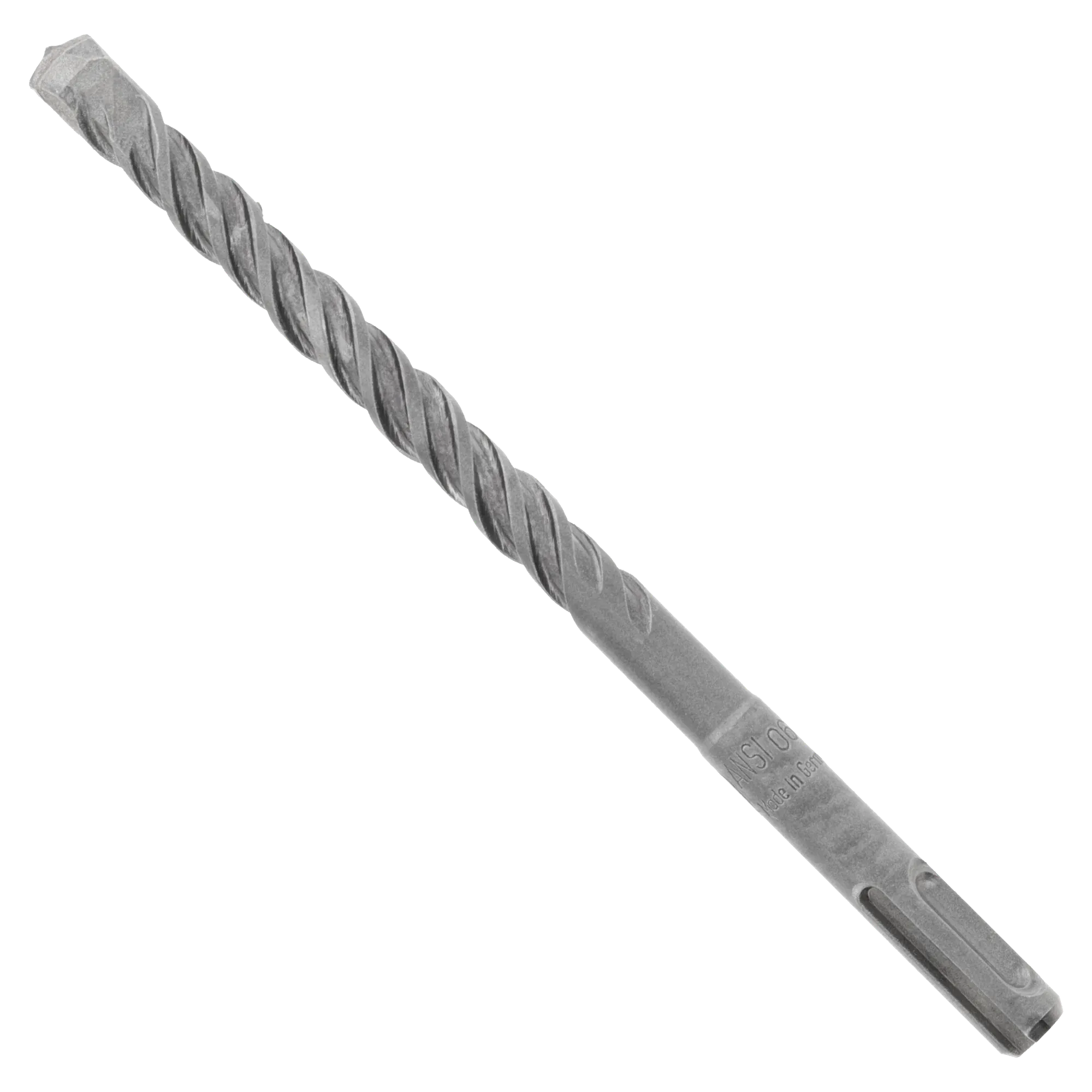 Diablo SDS-Plus rotary hammer masonry drill bit profile view displaying the complete percussion accessory design from the bulk concrete boring kit, featuring an optimized four-flute spiral core engineered for rapid dust extraction, a robust transition collar with etched specifications, and a precision anchor boring carbide tipped head isolated diagonally on a white background.
