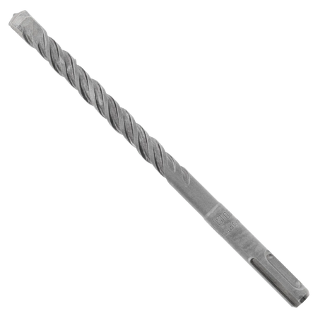 Diablo SDS-Plus rotary hammer masonry drill bit profile view displaying the complete percussion accessory design from the bulk concrete boring kit, featuring an optimized four-flute spiral core engineered for rapid dust extraction, a robust transition collar with etched specifications, and a precision anchor boring carbide tipped head isolated diagonally on a white background.