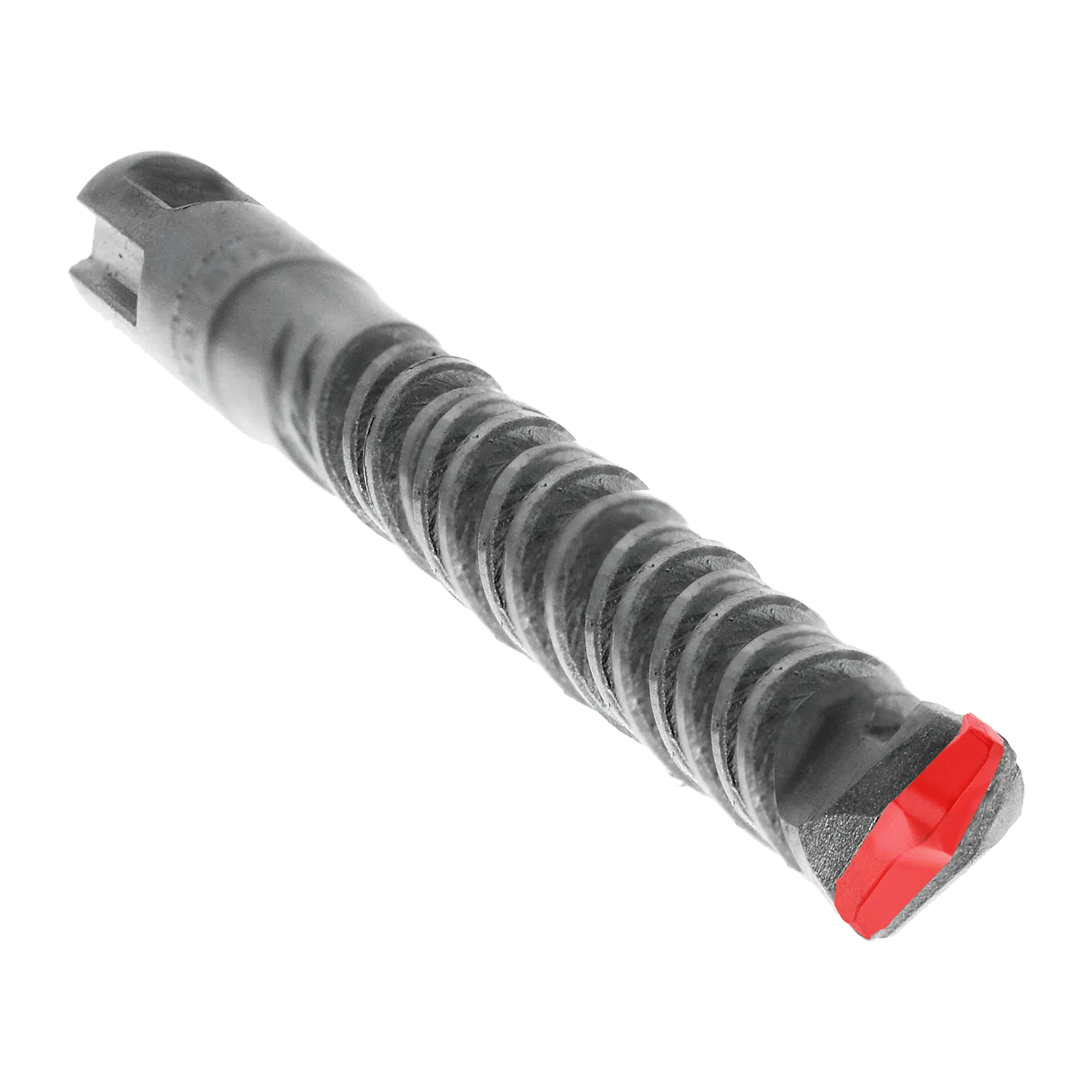 Diablo SDS-Plus rotary hammer concrete drill bit close up perspective view emphasizing the core flute geometry, highlighting the high velocity spiral flutes tracking up to a durable 2-cutter carbide tipped masonry head detailed with a red color overlay to show precision point anchoring and thermal friction reduction isolated on a white background.