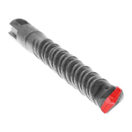 Diablo SDS-Plus rotary hammer concrete drill bit close up perspective view emphasizing the core flute geometry, highlighting the high velocity spiral flutes tracking up to a durable 2-cutter carbide tipped masonry head detailed with a red color overlay to show precision point anchoring and thermal friction reduction isolated on a white background.