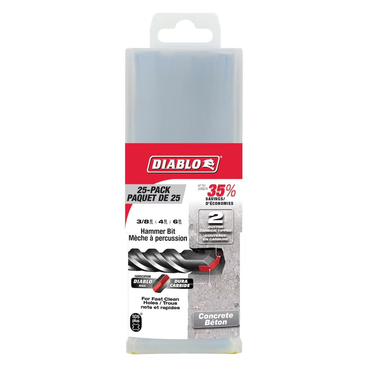 Diablo 25-pack contractor bulk packaging display for a 3/8 inch by 4 inch by 6 inch SDS-Plus hammer bit set, highlighting a retail hanging case layout with red brand banner graphics, clear text callouts for a 2-cutter carbide tipped design offering 35 percent savings, and technical diagrams illustrating fast clean concrete anchor hole drilling applications.