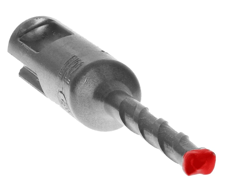 A perspective shot of the Diablo SDS-Plus Rebar Demon bit, highlighting the 4-cutter red carbide head and the precision-milled flutes for efficient dust removal.