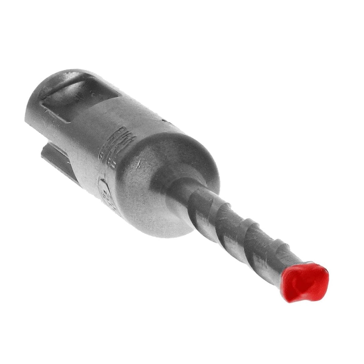 A perspective shot of the Diablo SDS-Plus Rebar Demon bit, highlighting the 4-cutter red carbide head and the precision-milled flutes for efficient dust removal.