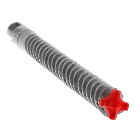 A close-up studio photograph of the red, impact-resistant 4-cutter full carbide head of a Diablo Rebar Demon hammer drill bit.